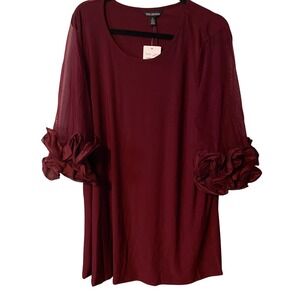 Nina Leonard Deep Wine Sheer Sleeve Floral Detail Tunic Dress Plus Size 1X